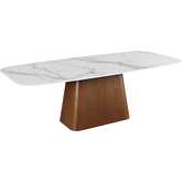 Kenza 90" Dining Table in Marbled White Stone & Walnut Veneer